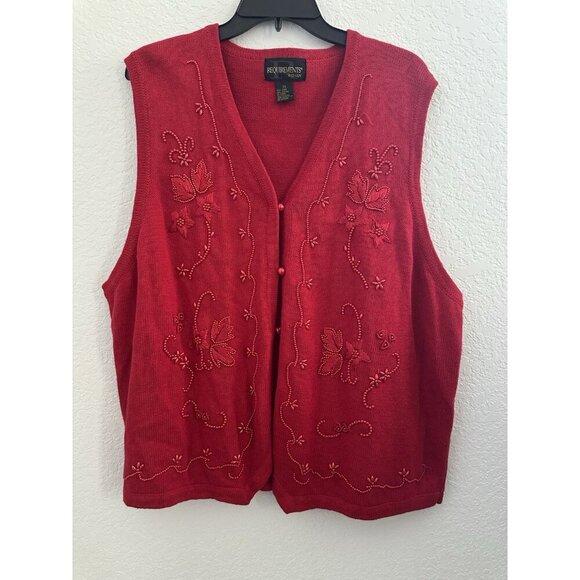 Requirements‎ Women Red Embroidered Beaded Knit Sweater Vest 2X Granny Monochrom - Picture 1 of 12
